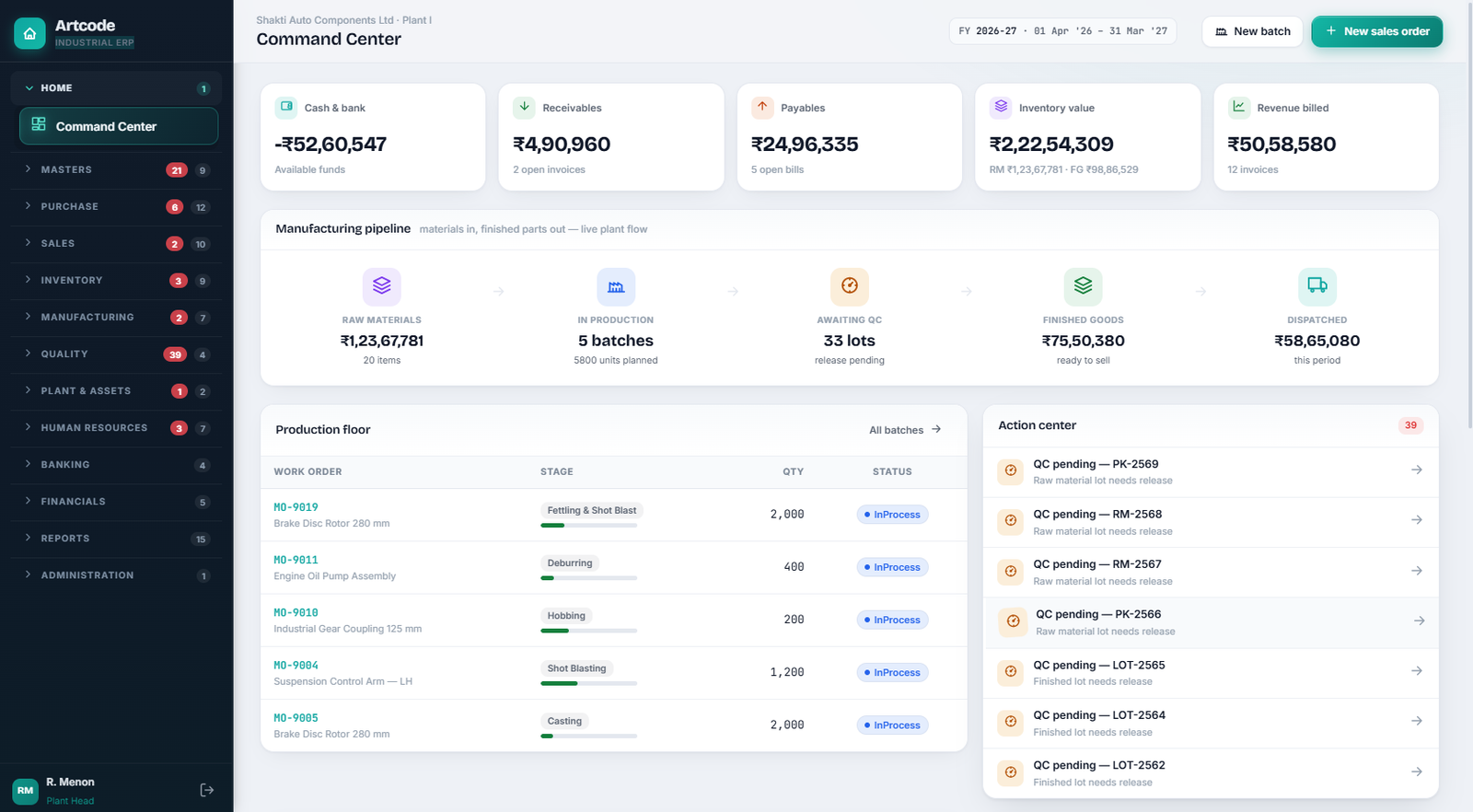 Industrial ERP Command Center Dashboard